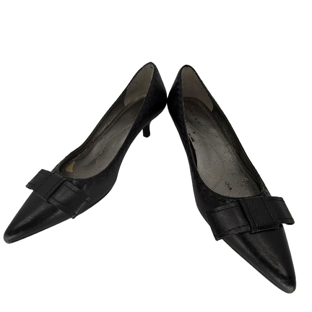 Tahari Munich Black Leather Bow Kitten Heel Pump